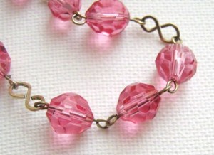 vintage rolled gold pink deco glass bead necklace