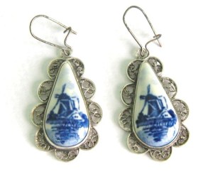 A pair of pretty blue and white Delft earrings, with distinctive Dutch windmill detail.